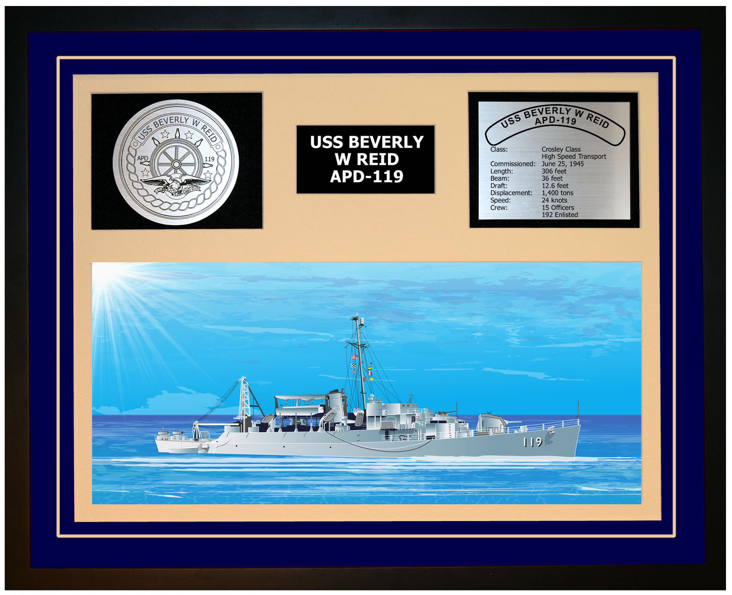 USS BEVERLY W REID APD-119 Framed Navy Ship Display Blue