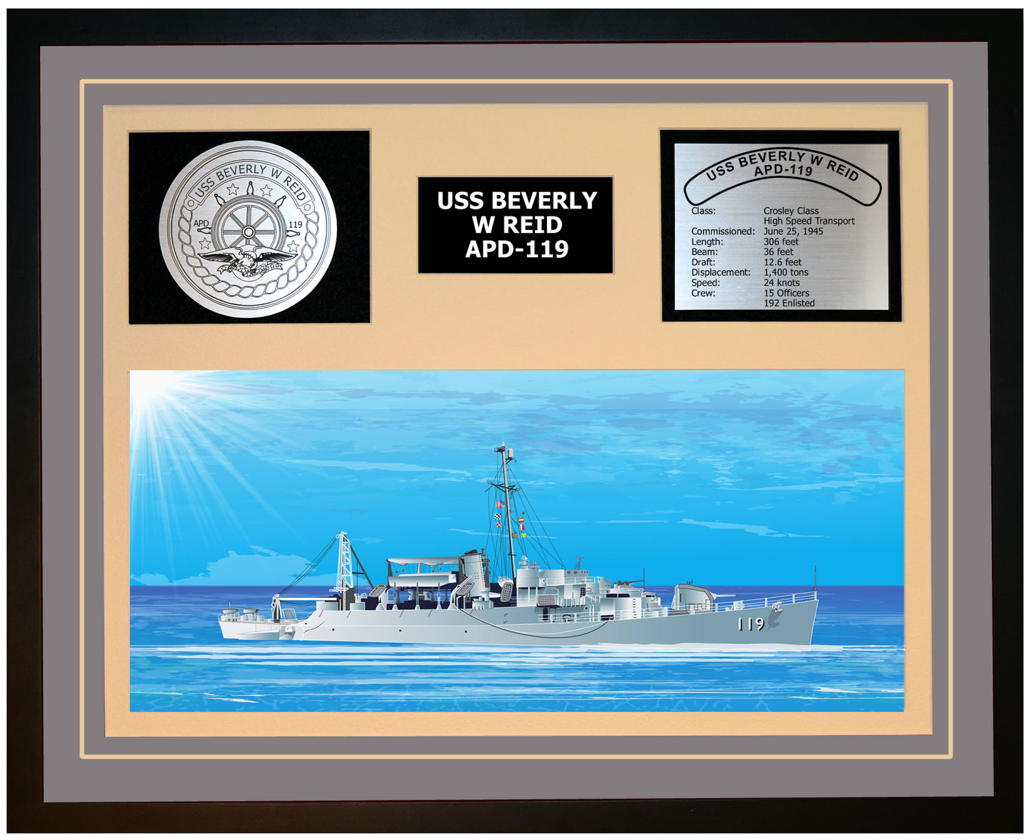 USS BEVERLY W REID APD-119 Framed Navy Ship Display Grey