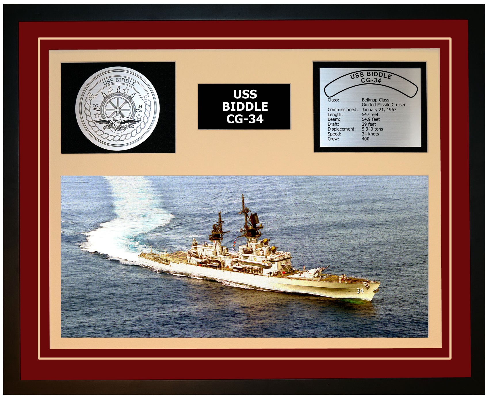 USS BIDDLE CG-34 Framed Navy Ship Display Burgundy