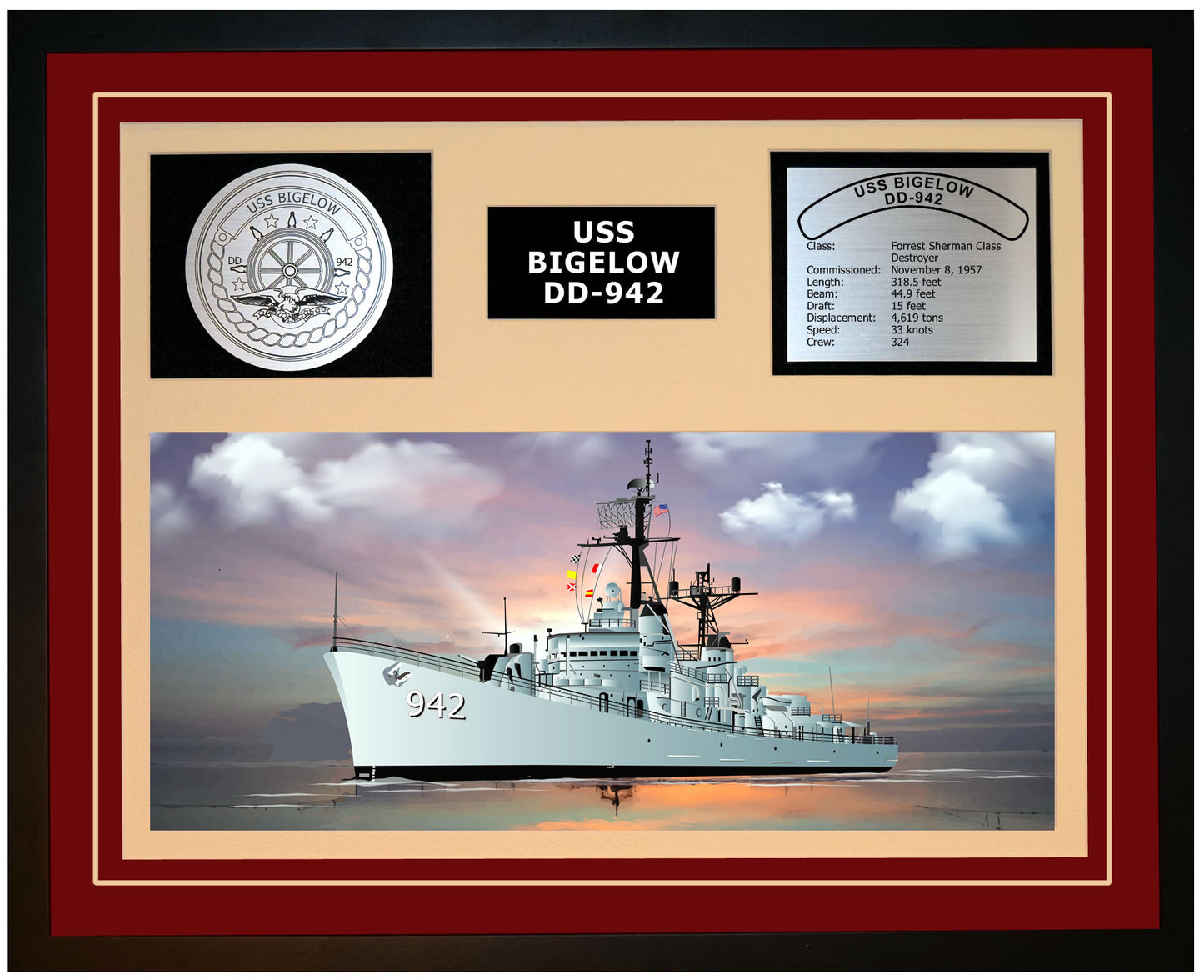USS BIGELOW DD-942 Framed Navy Ship Display Burgundy