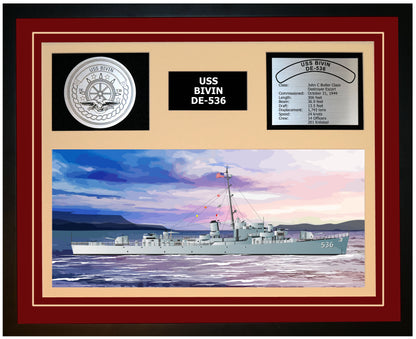 USS BIVIN DE-536 Framed Navy Ship Display Burgundy