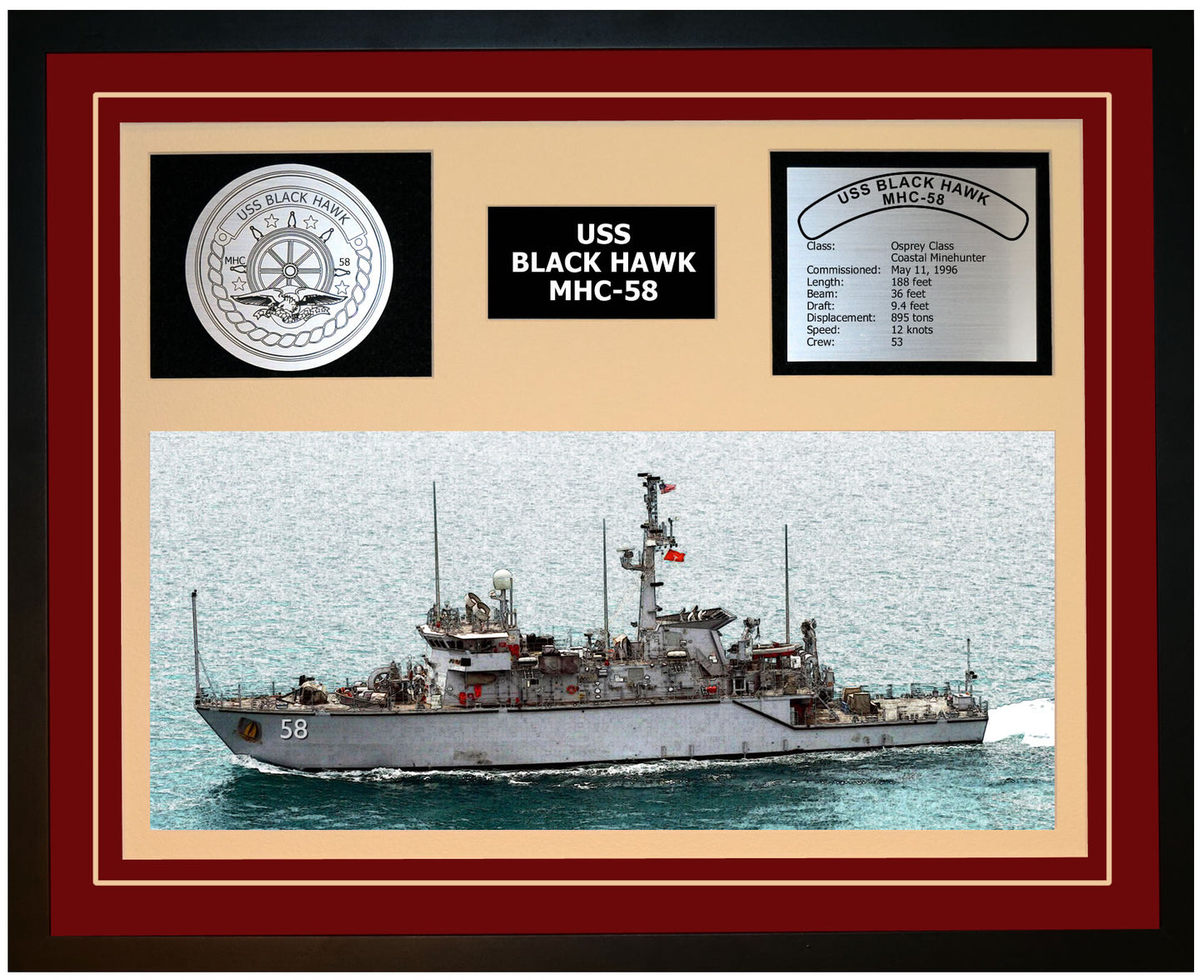 USS BLACK HAWK MHC-58 Framed Navy Ship Display Burgundy