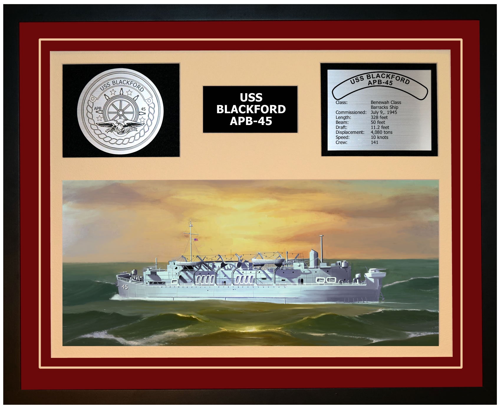 USS BLACKFORD APB-45 Framed Navy Ship Display Burgundy