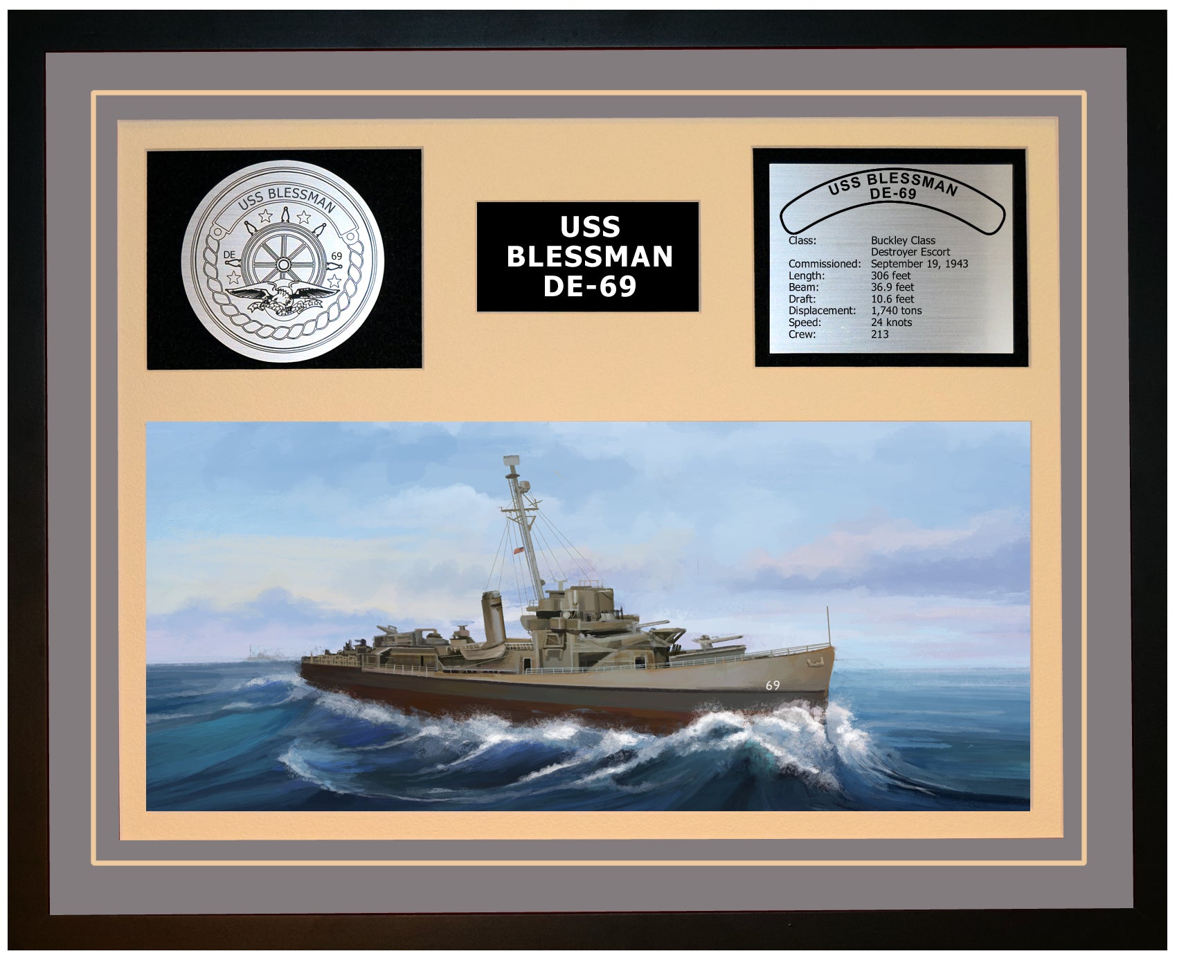 USS BLESSMAN DE-69 Framed Navy Ship Display Grey