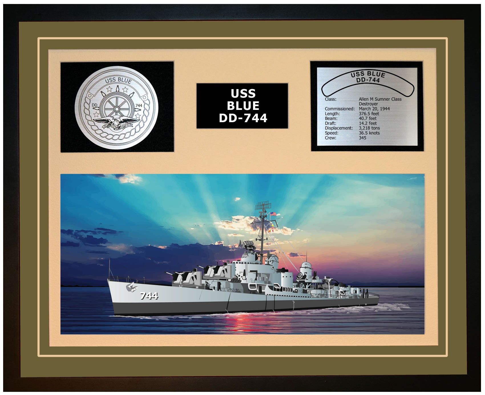 USS BLUE DD-744 Framed Navy Ship Display Green