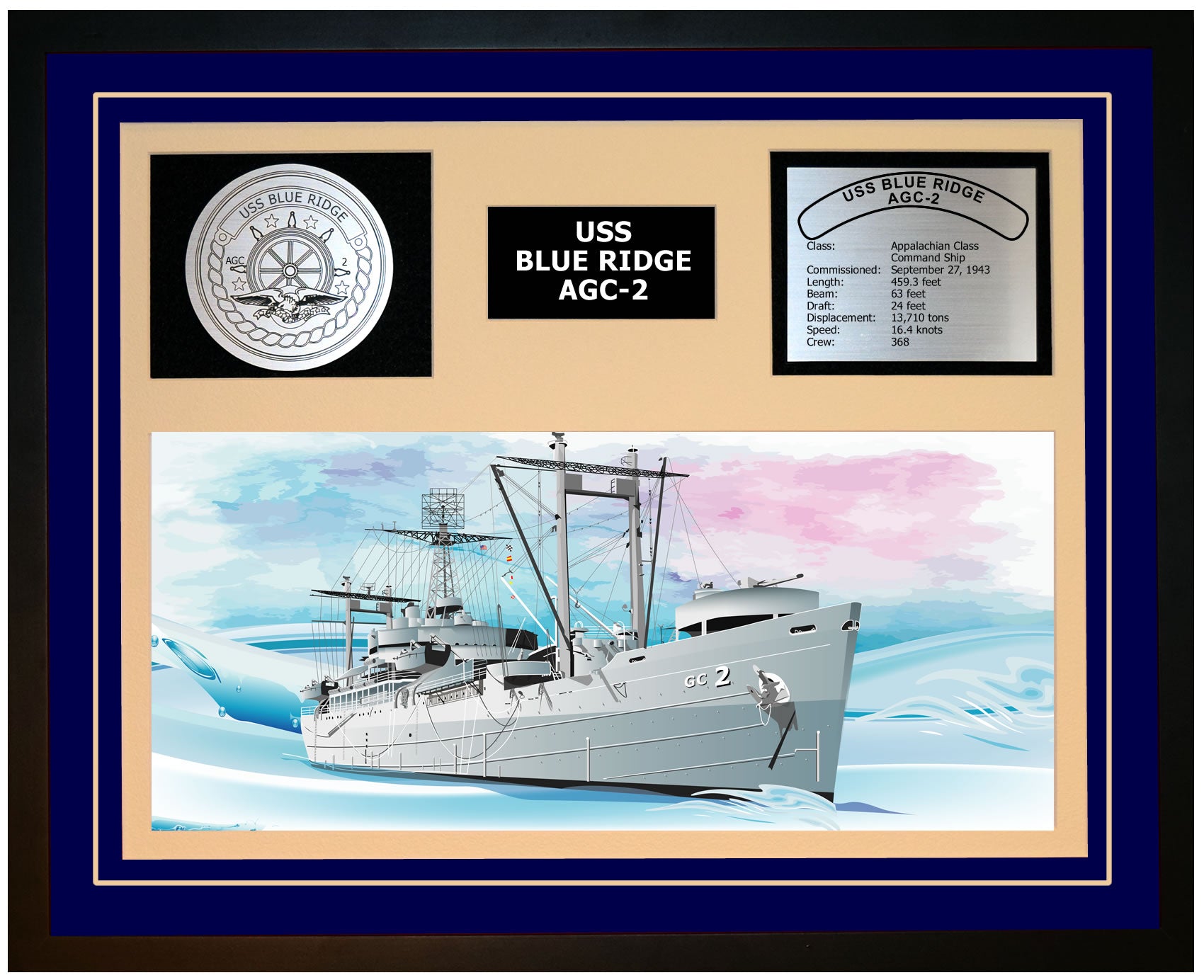 USS BLUE RIDGE AGC-2 Framed Navy Ship Display Blue