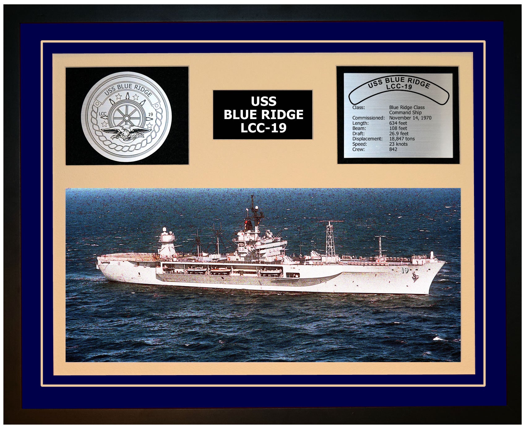 USS BLUE RIDGE LCC-19 Framed Navy Ship Display Blue