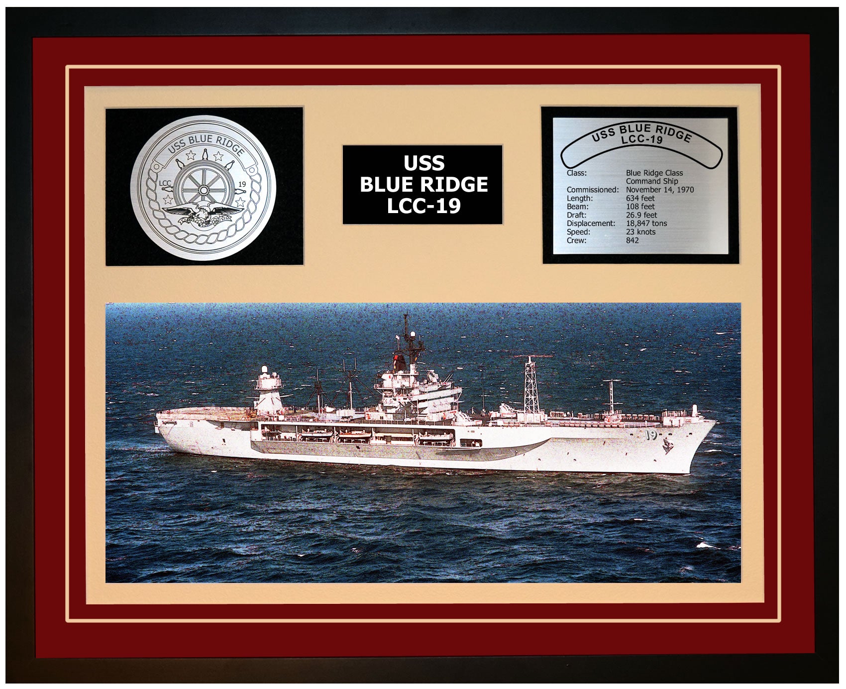 USS BLUE RIDGE LCC-19 Framed Navy Ship Display Burgundy