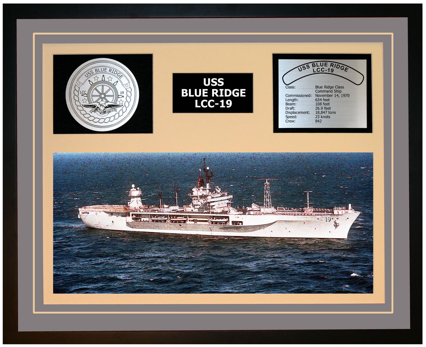 USS BLUE RIDGE LCC-19 Framed Navy Ship Display Grey