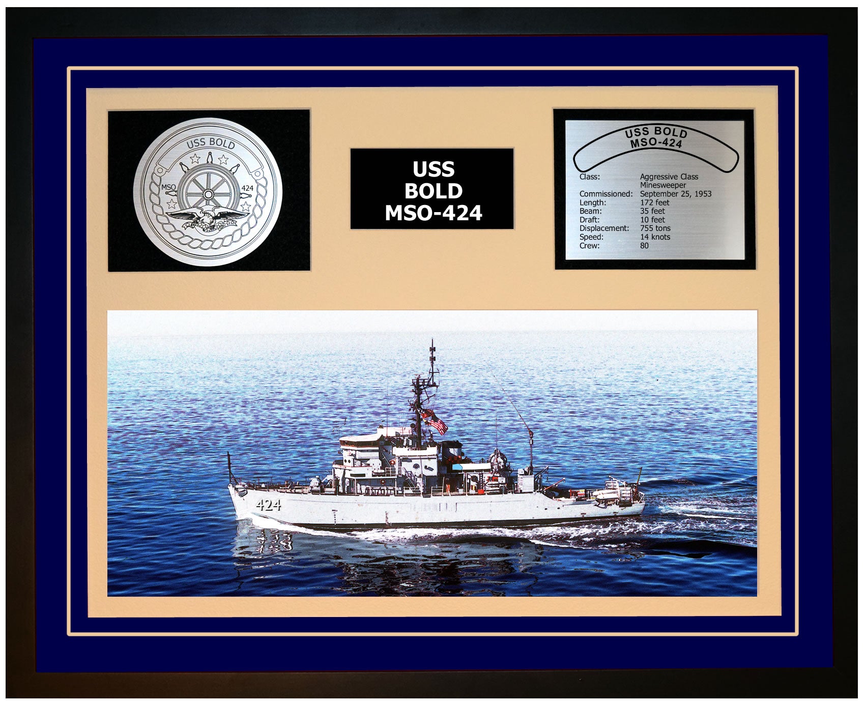 USS BOLD MSO-424 Framed Navy Ship Display Blue