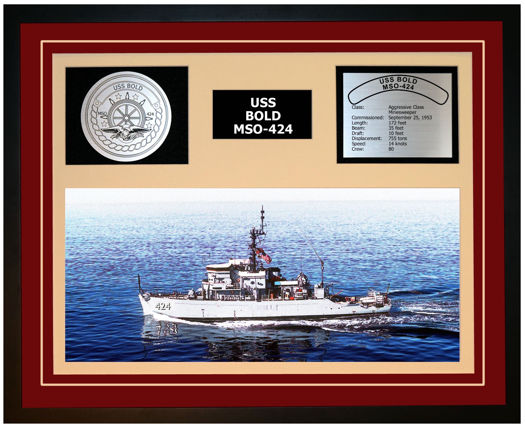 USS BOLD MSO-424 Framed Navy Ship Display Burgundy
