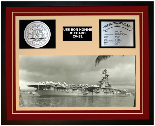 USS BON HOMME RICHARD CV-31 Framed Navy Ship Display Burgundy