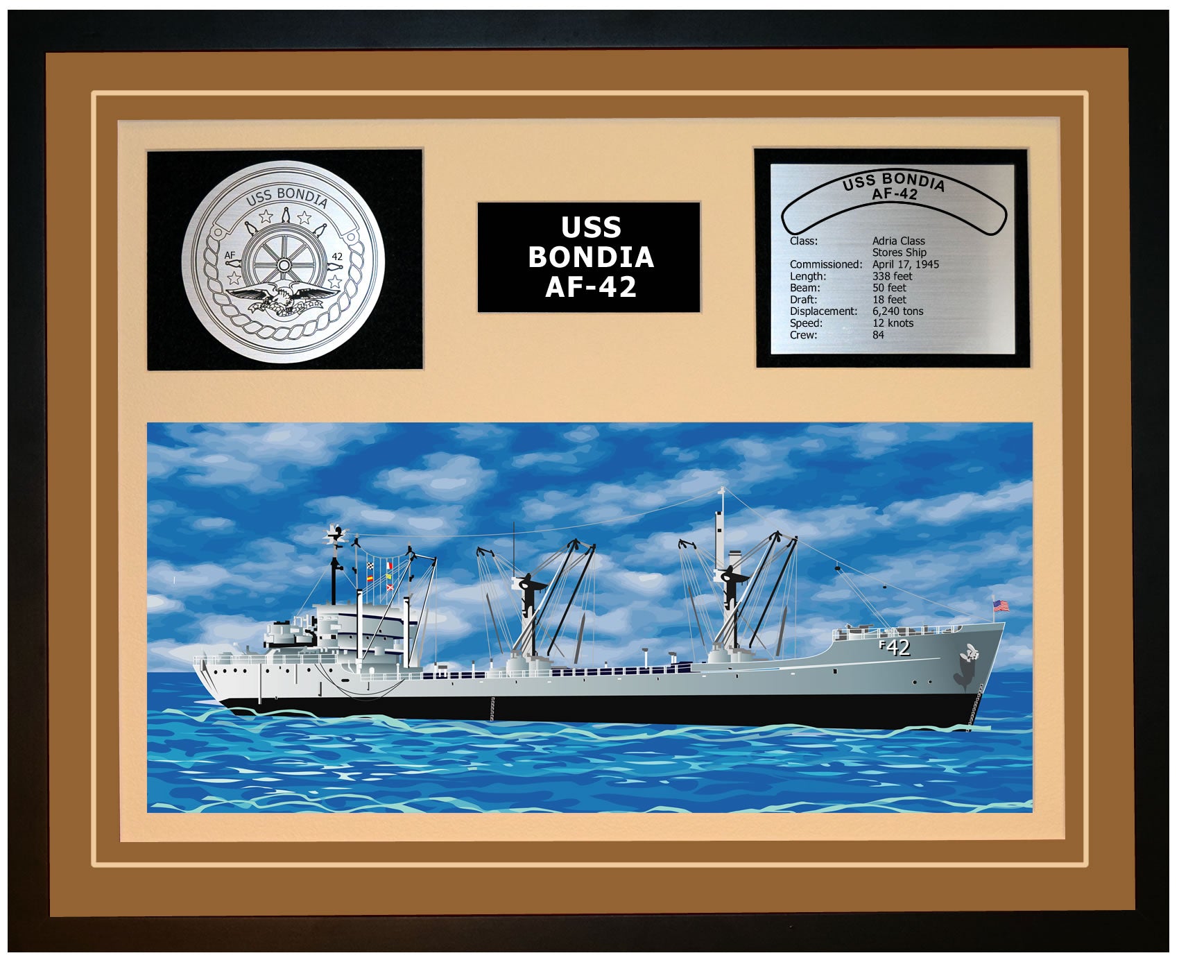 USS BONDIA AF-42 Framed Navy Ship Display Burgundy
