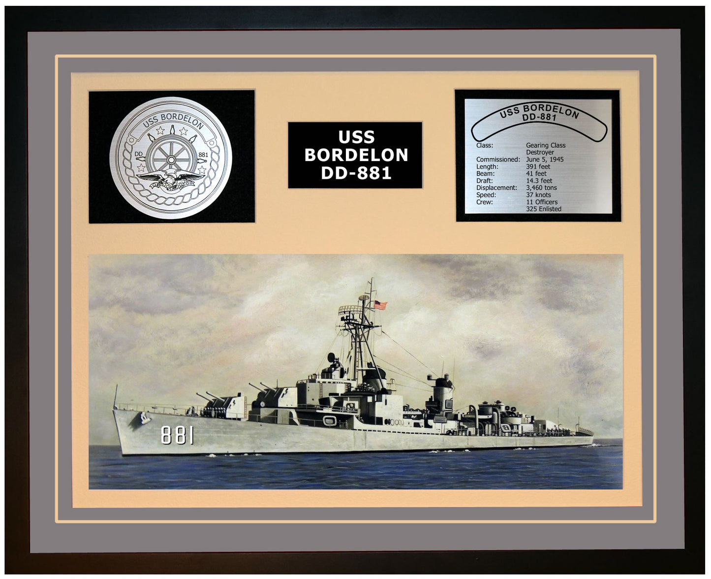 USS BORDELON DD-881 Framed Navy Ship Display Grey