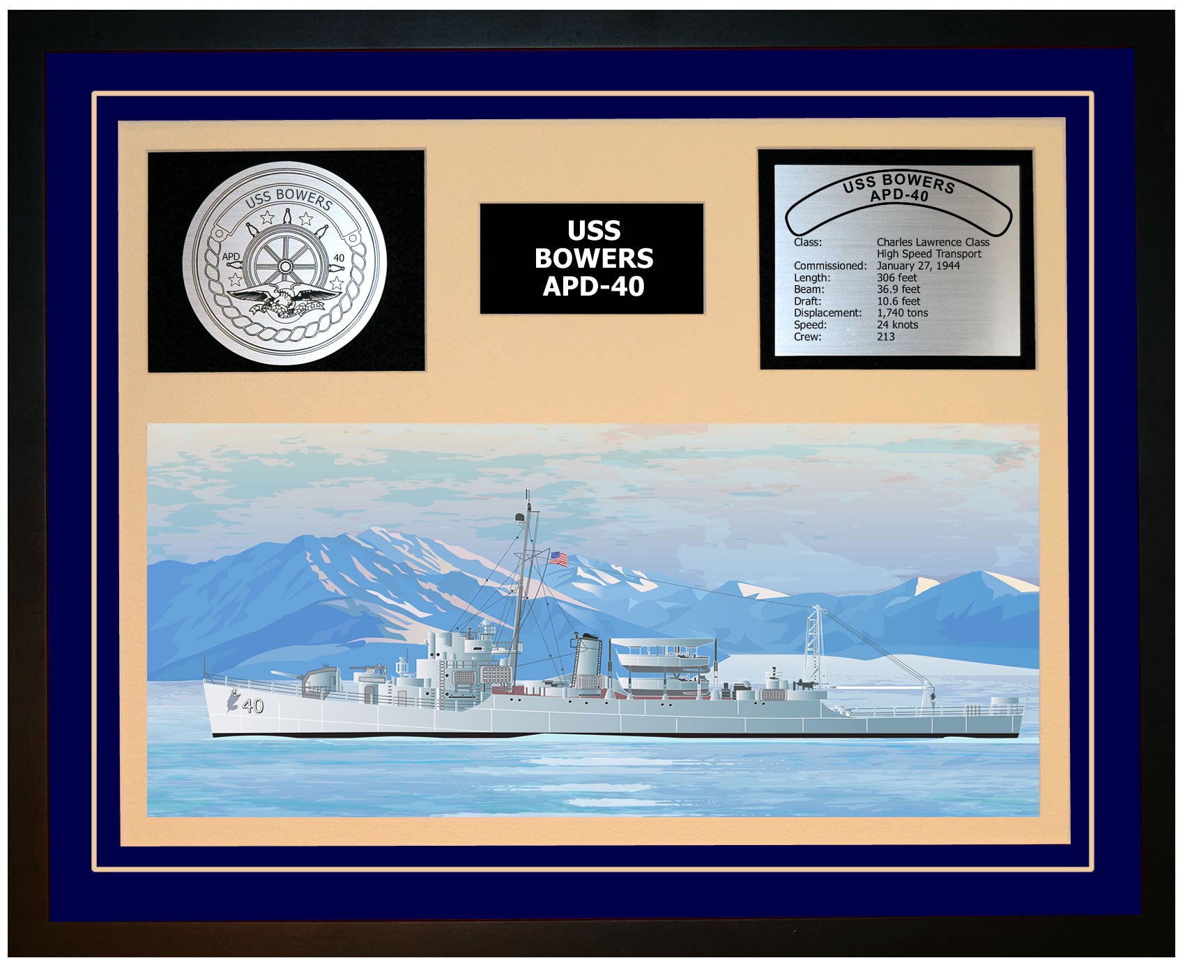 USS BOWERS APD-40 Framed Navy Ship Display Blue
