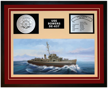 USS BOWERS DE-637 Framed Navy Ship Display Burgundy