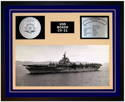 USS BOXER CV-21 Framed Navy Ship Display Blue