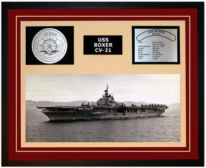 USS BOXER CV-21 Framed Navy Ship Display Burgundy