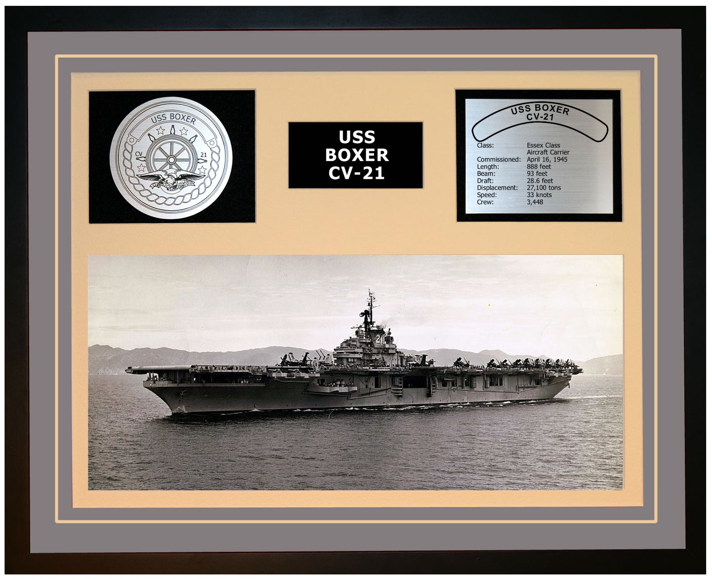 USS BOXER CV-21 Framed Navy Ship Display Grey