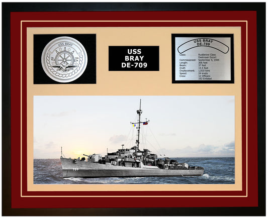 USS BRAY DE-709 Framed Navy Ship Display Burgundy