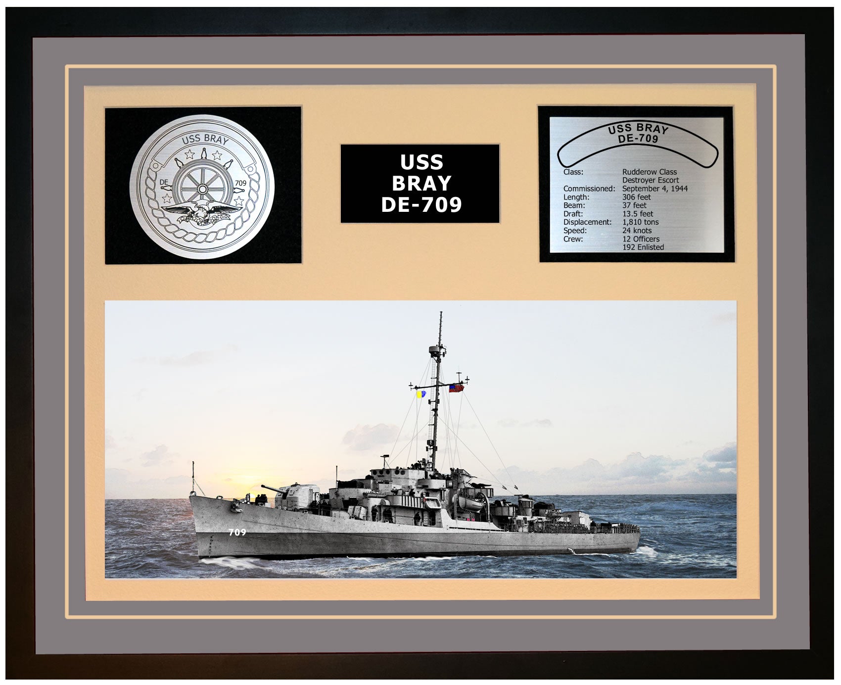 USS BRAY DE-709 Framed Navy Ship Display Grey