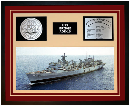 USS BRIDGE AOE-10 Framed Navy Ship Display Burgundy