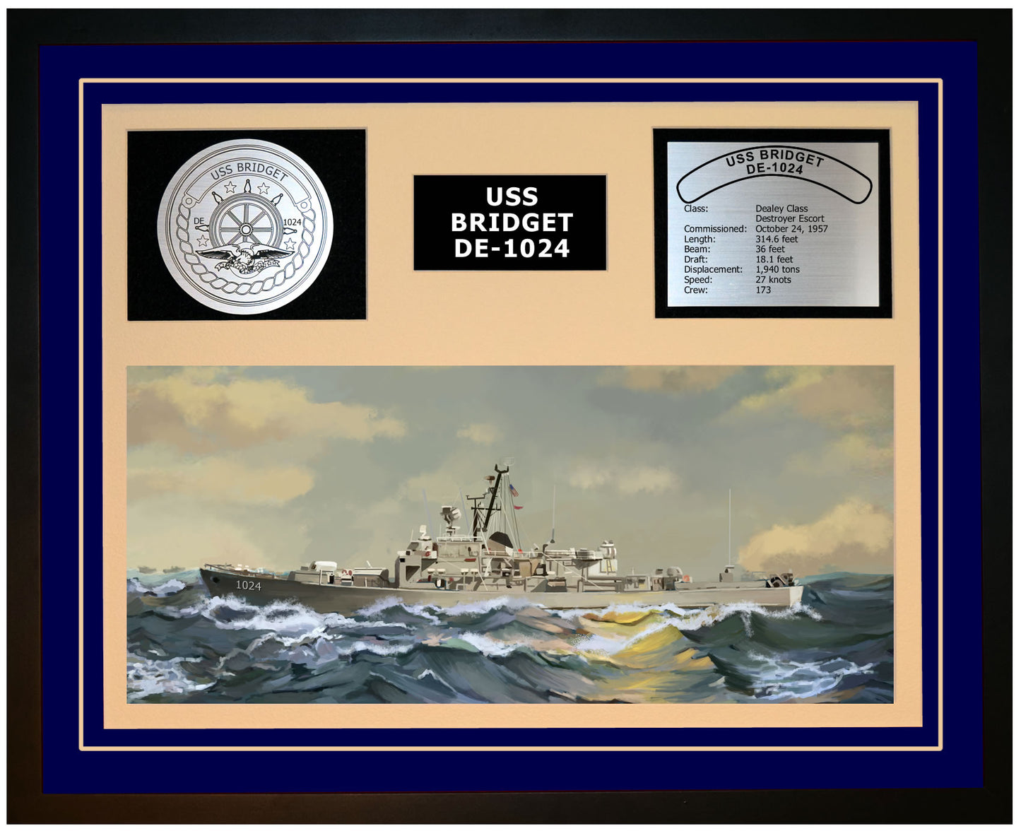 USS BRIDGET DE-1024 Framed Navy Ship Display Blue
