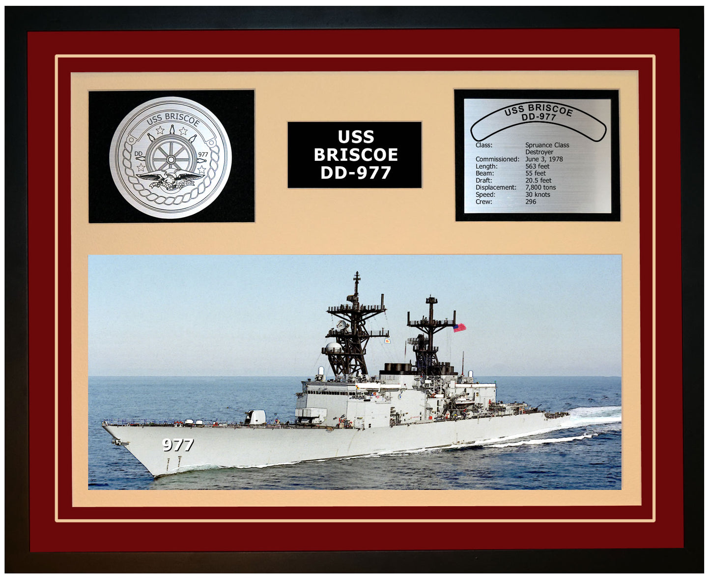 USS BRISCOE DD-977 Framed Navy Ship Display Burgundy