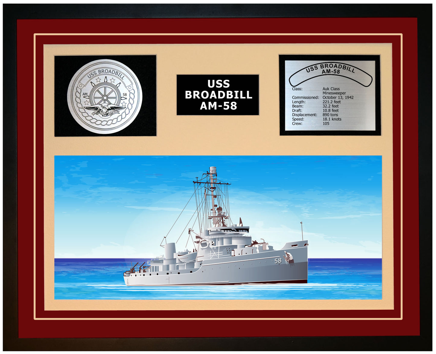 USS BROADBILL AM-58 Framed Navy Ship Display Burgundy