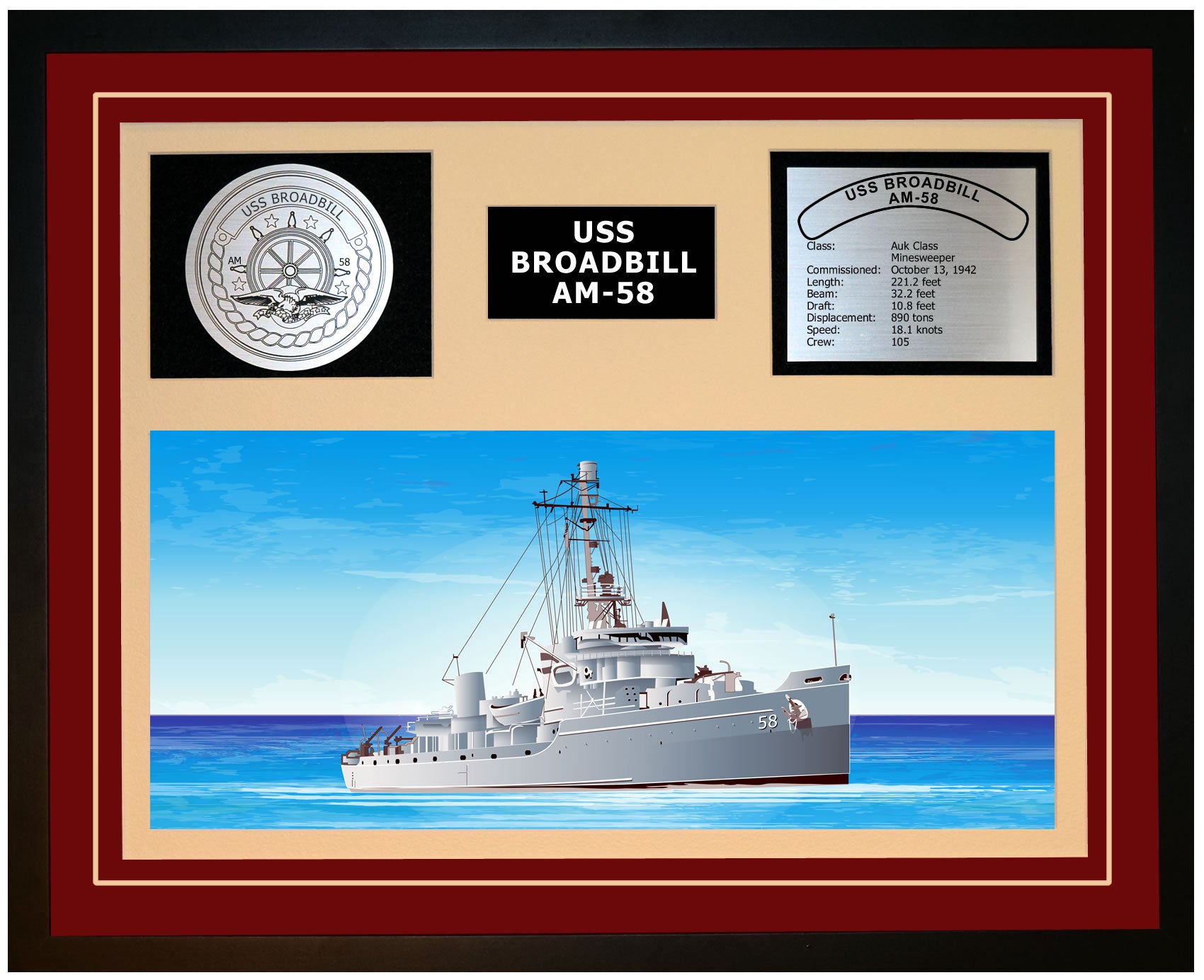 USS BROADBILL AM-58 Framed Navy Ship Display Burgundy