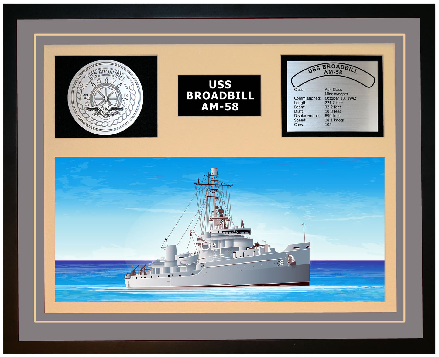 USS BROADBILL AM-58 Framed Navy Ship Display Grey