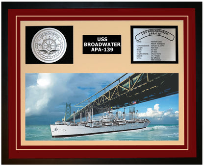 USS BROADWATER APA-139 Framed Navy Ship Display Burgundy