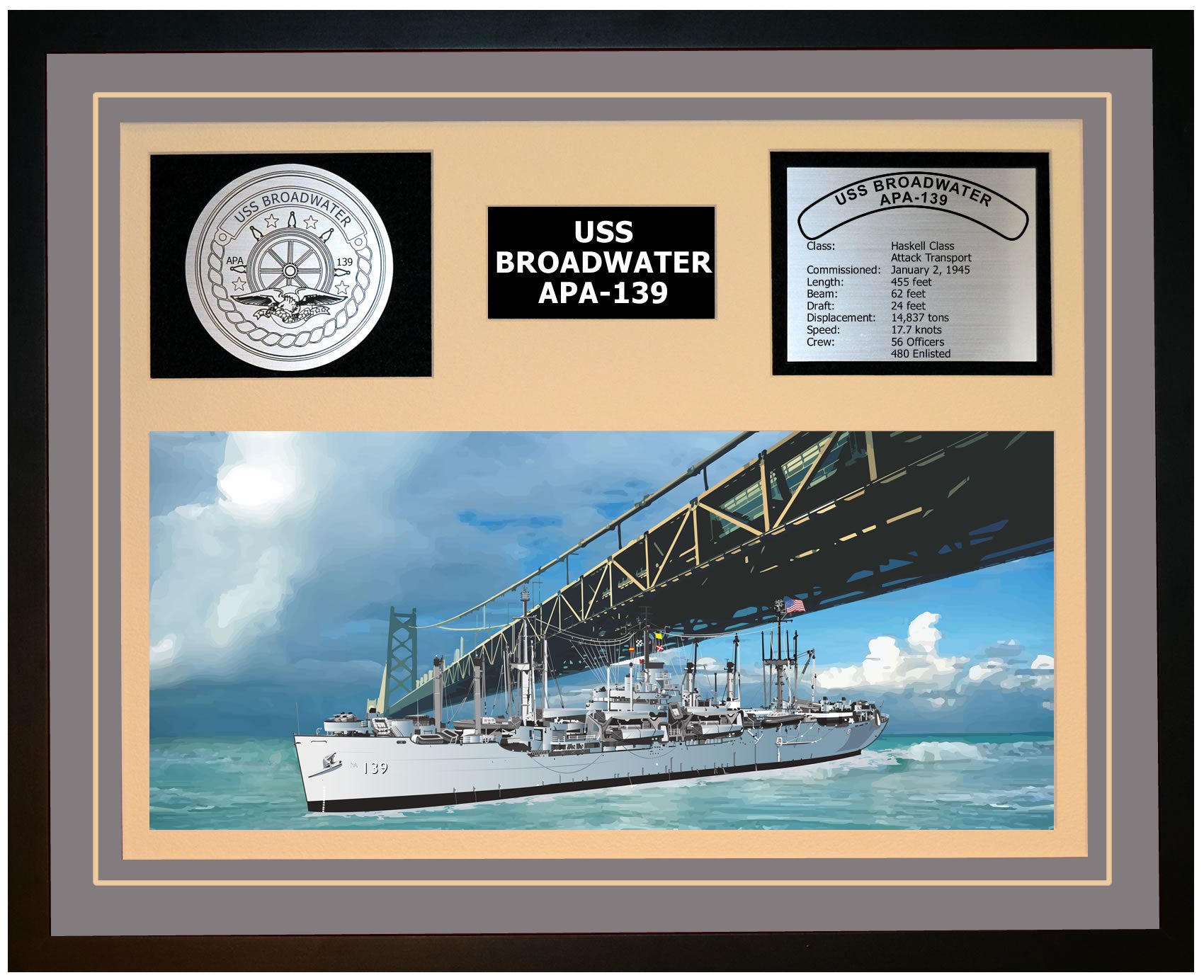 USS BROADWATER APA-139 Framed Navy Ship Display Grey
