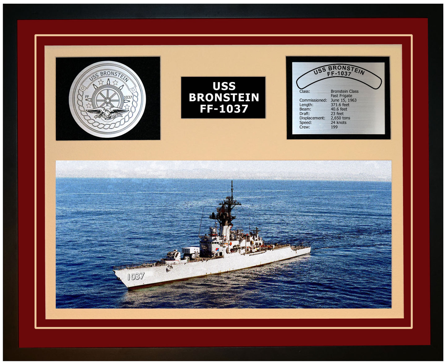 USS BRONSTEIN FF-1037 Framed Navy Ship Display Burgundy
