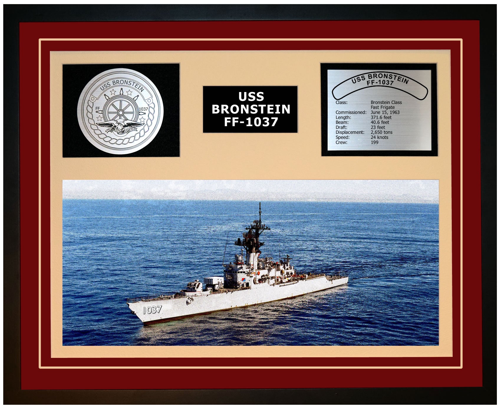 USS BRONSTEIN FF-1037 Framed Navy Ship Display Burgundy