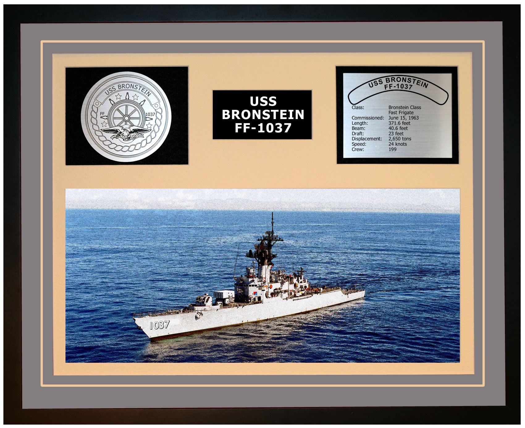 USS BRONSTEIN FF-1037 Framed Navy Ship Display Grey