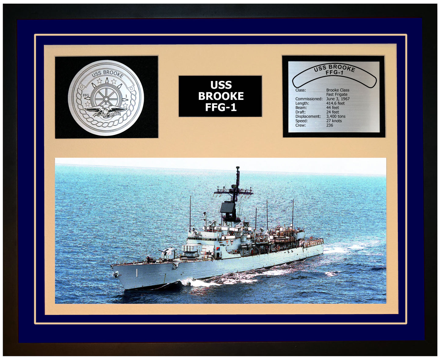 USS BROOKE FFG-1 Framed Navy Ship Display Blue