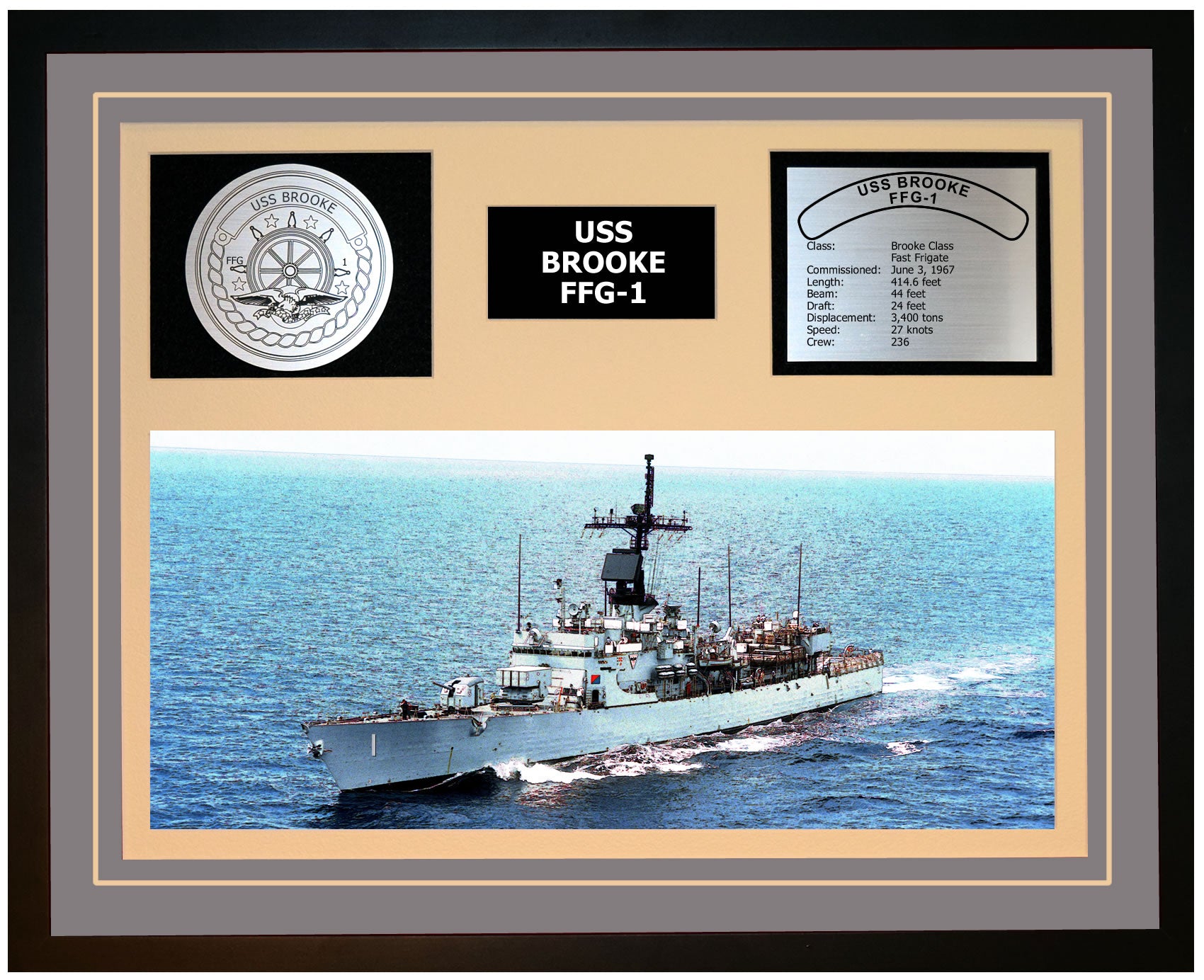 USS BROOKE FFG-1 Framed Navy Ship Display Grey