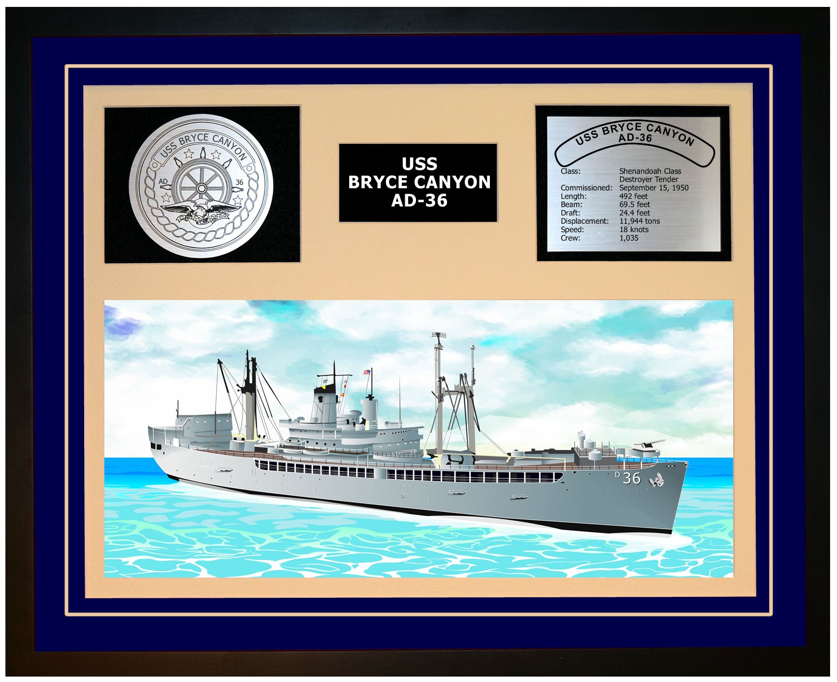 USS BRYCE CANYON AD-36 Framed Navy Ship Display Blue