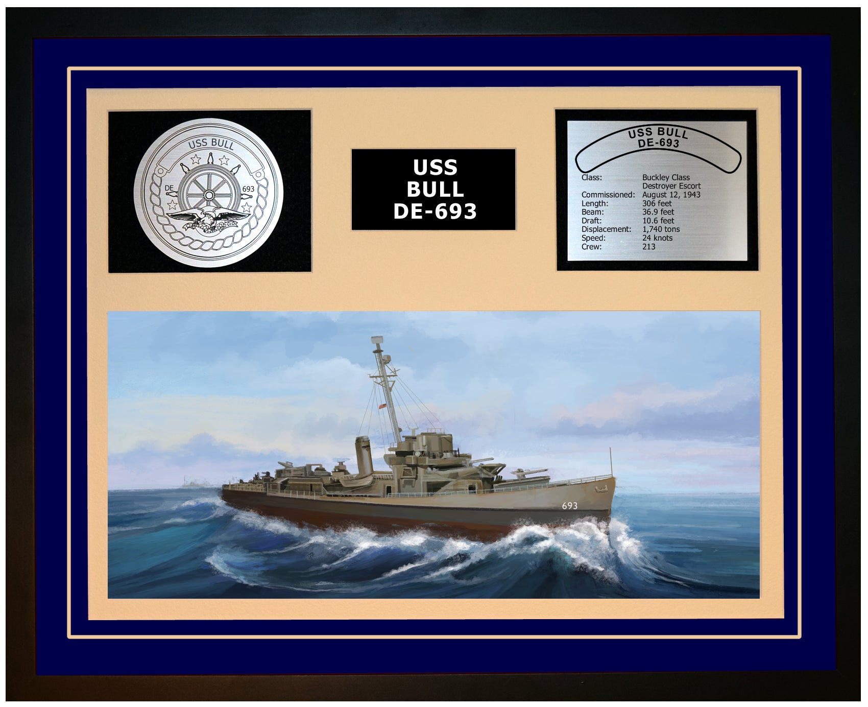 USS BULL DE-693 Framed Navy Ship Display Blue