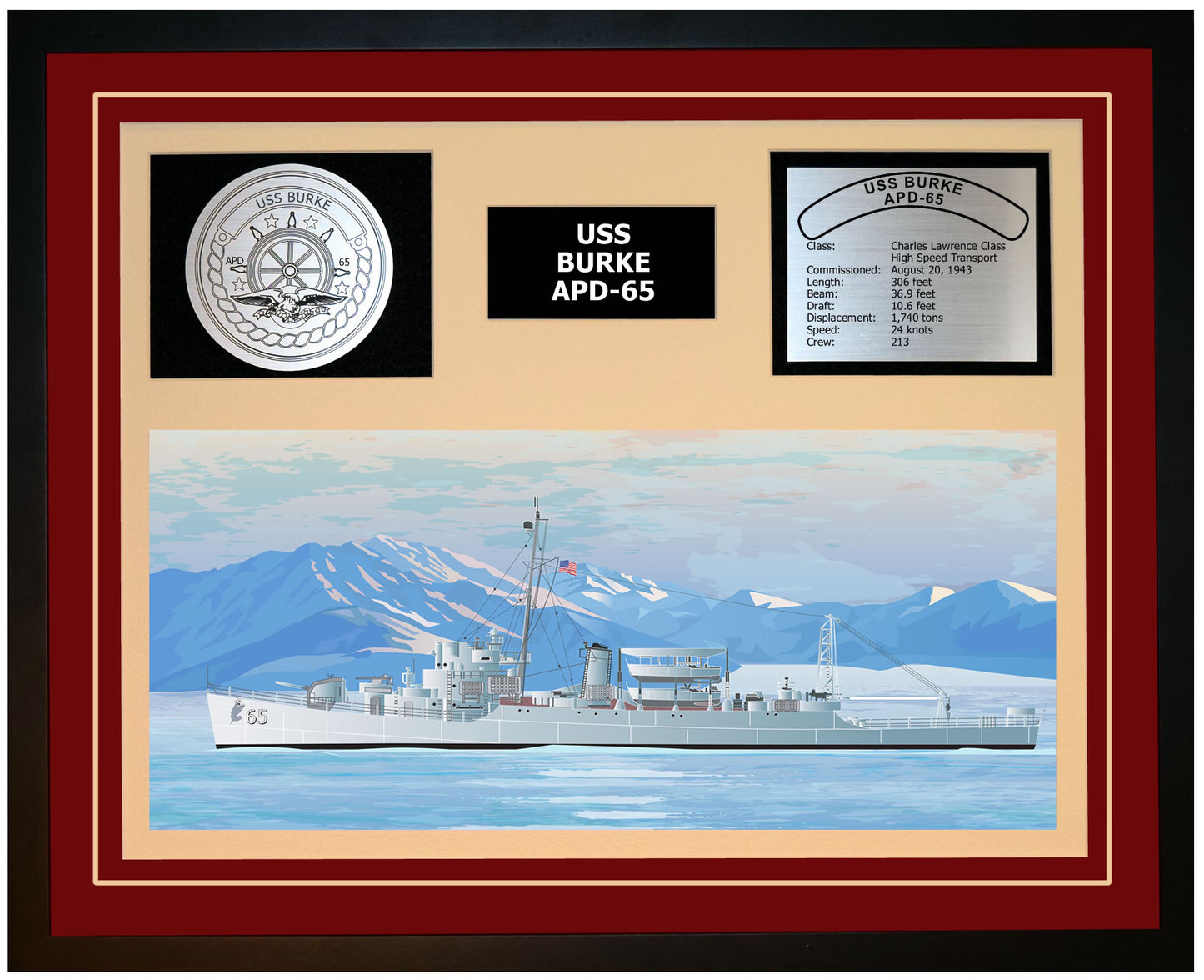USS BURKE APD-65 Framed Navy Ship Display Burgundy