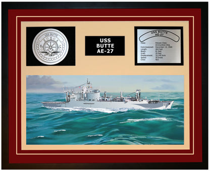 USS BUTTE AE-27 Framed Navy Ship Display Burgundy