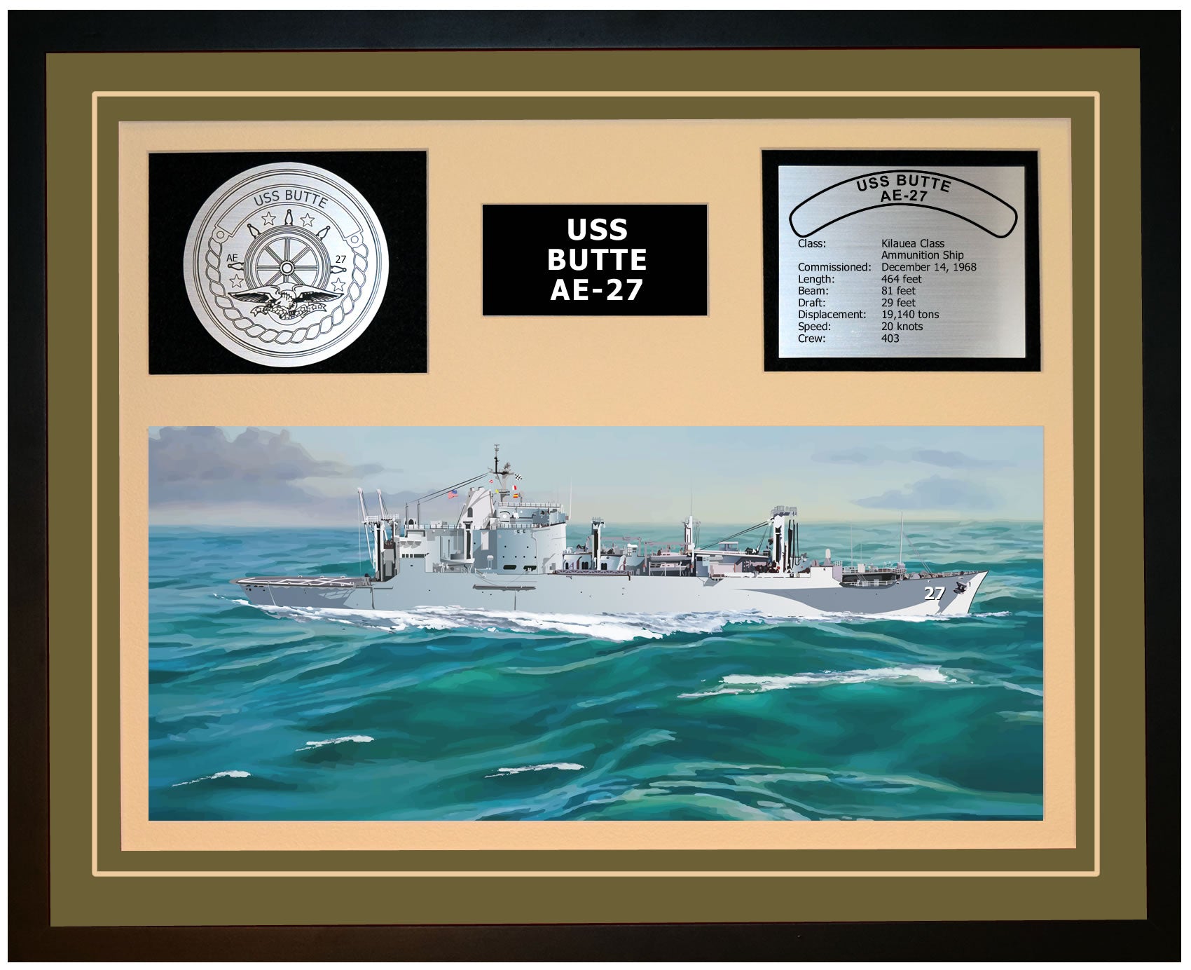 USS BUTTE AE-27 Framed Navy Ship Display Green