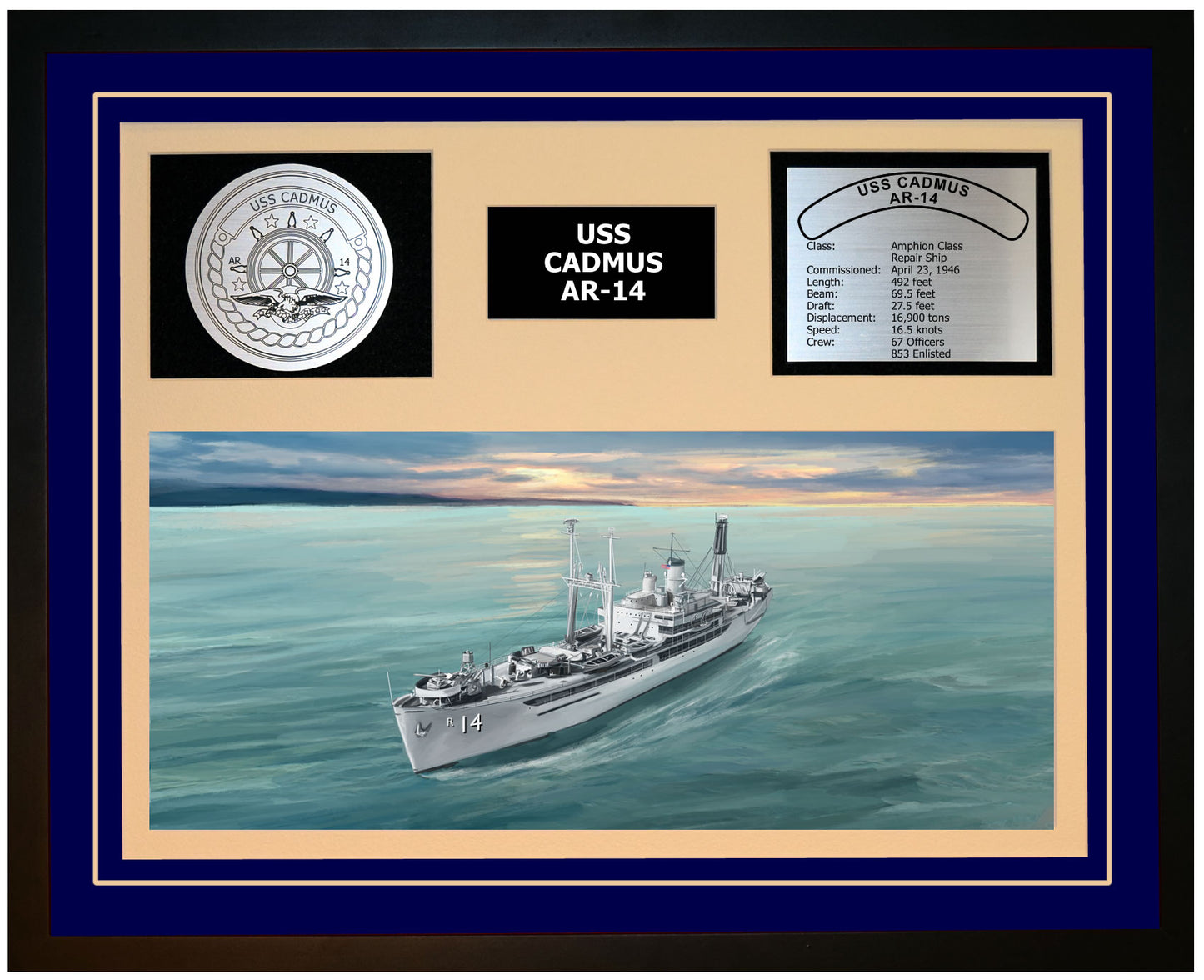 USS CADMUS AR-14 Framed Navy Ship Display Blue