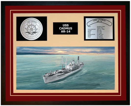 USS CADMUS AR-14 Framed Navy Ship Display Burgundy