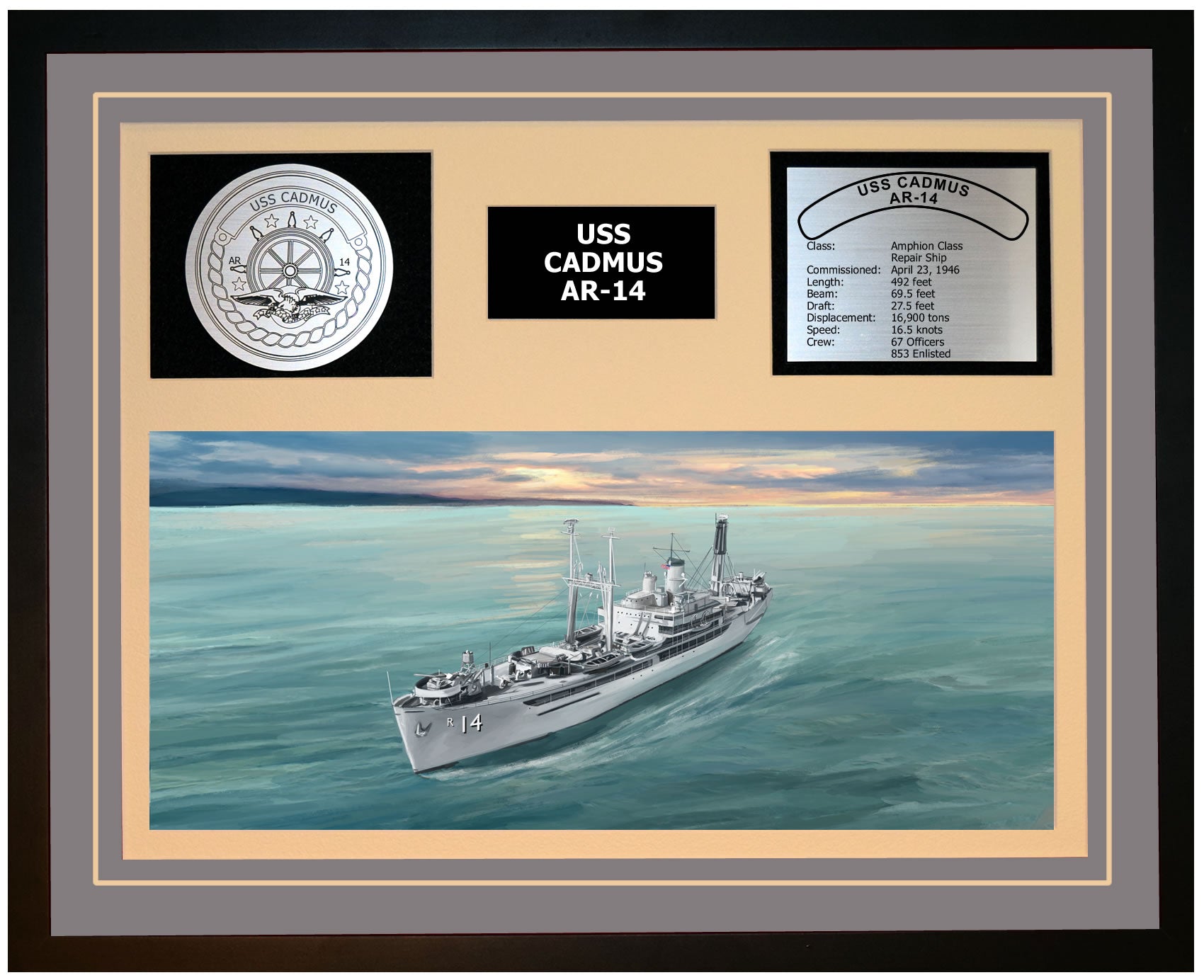 USS CADMUS AR-14 Framed Navy Ship Display Grey