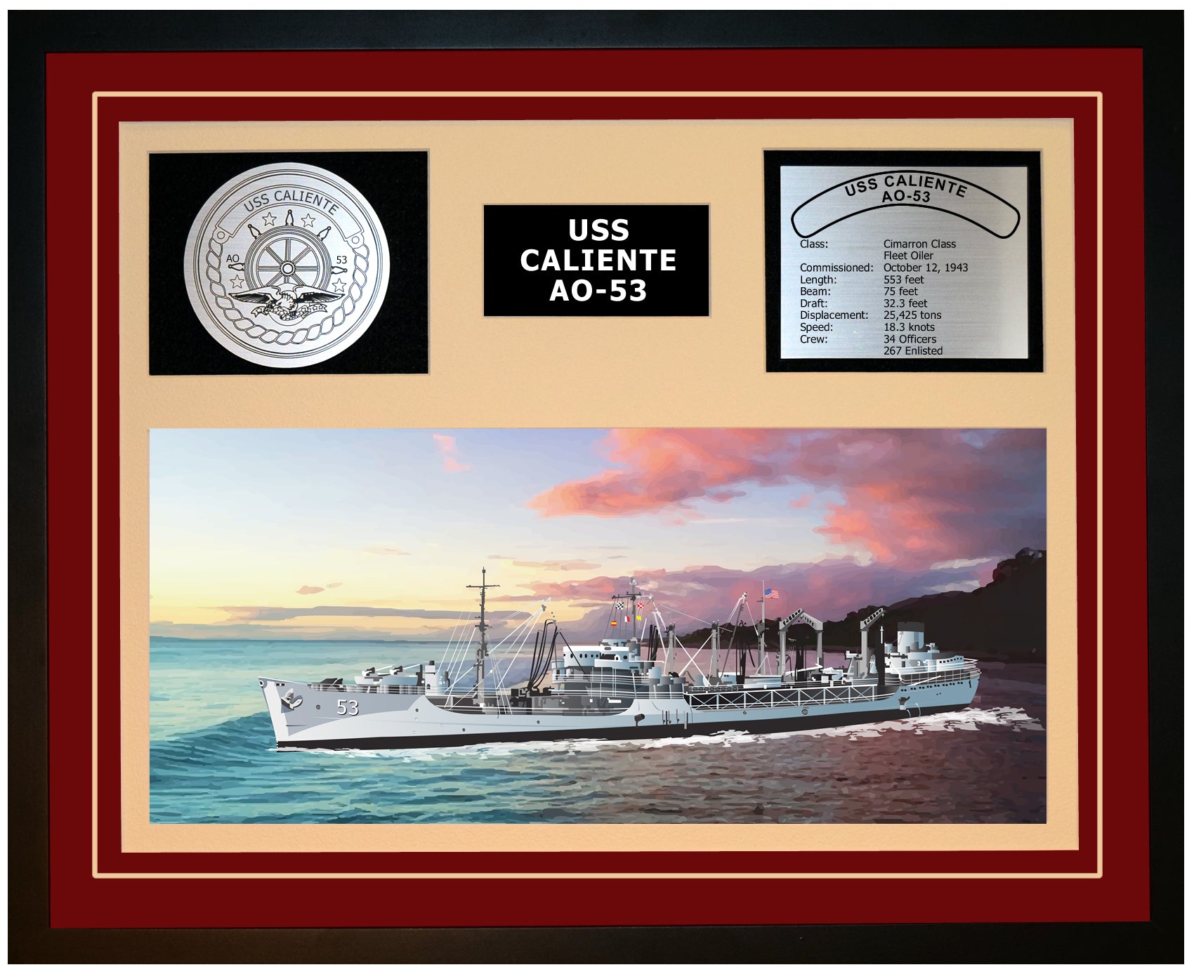 USS CALIENTE AO-53 Framed Navy Ship Display Burgundy