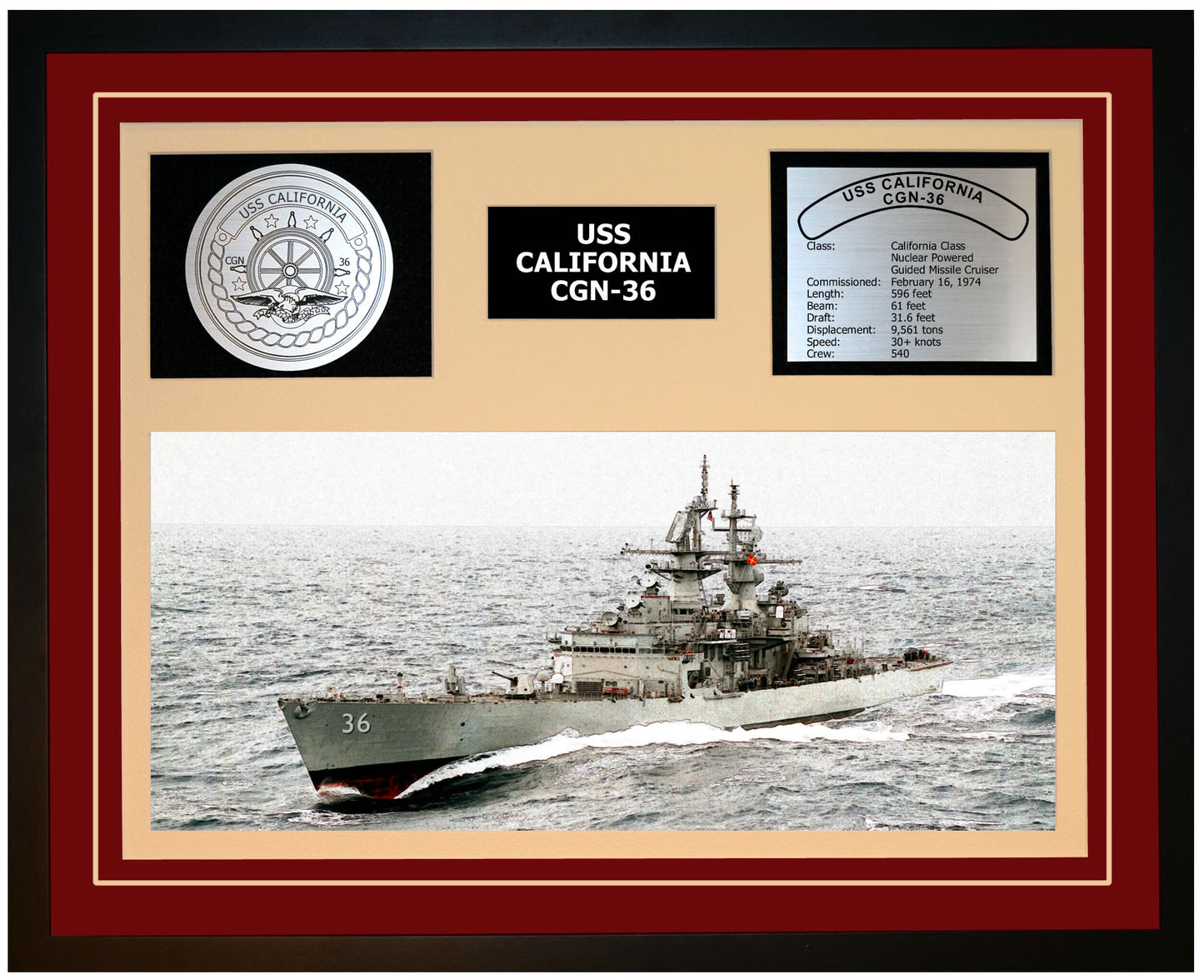 USS CALIFORNIA CGN-36 Framed Navy Ship Display Burgundy