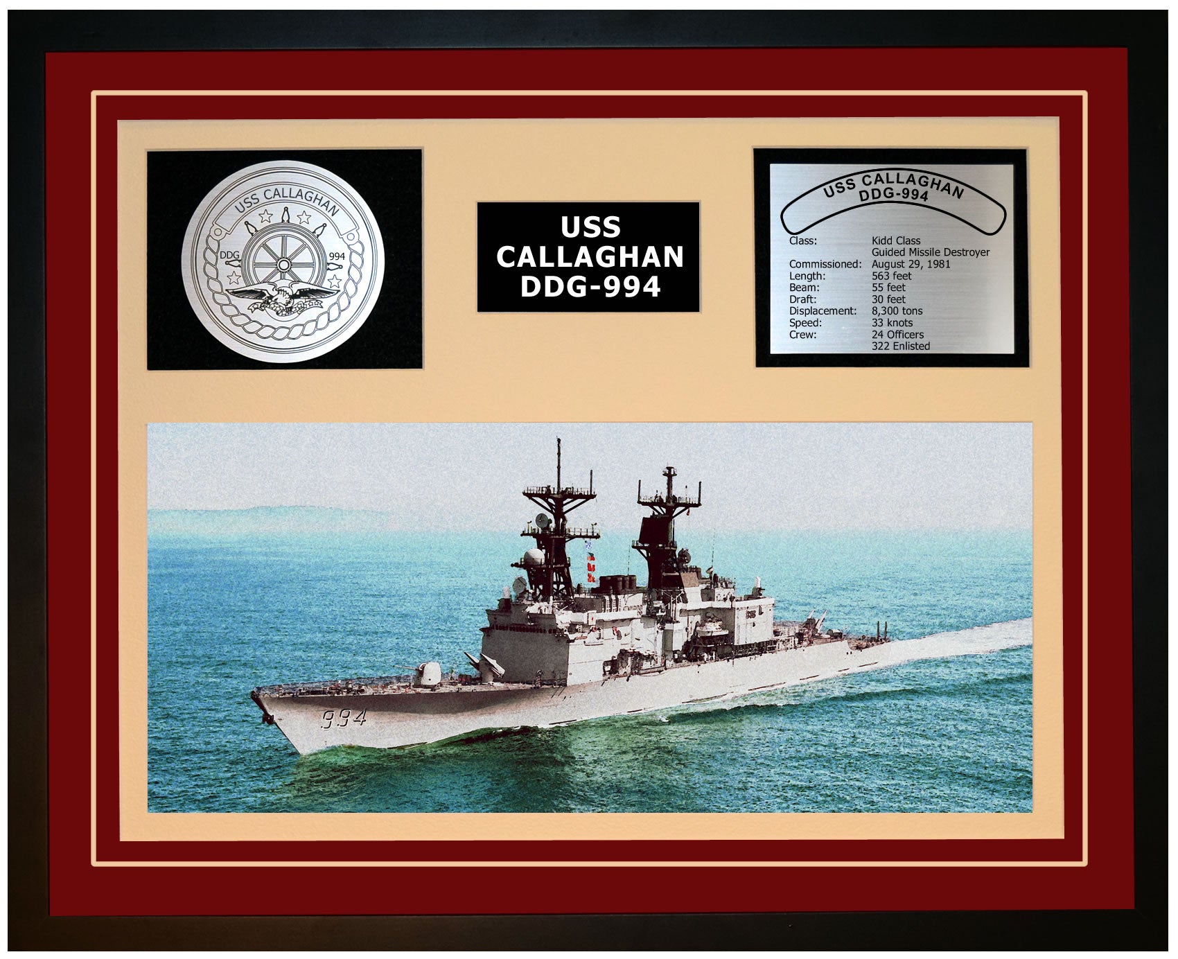 USS CALLAGHAN DDG-994 Framed Navy Ship Display Burgundy