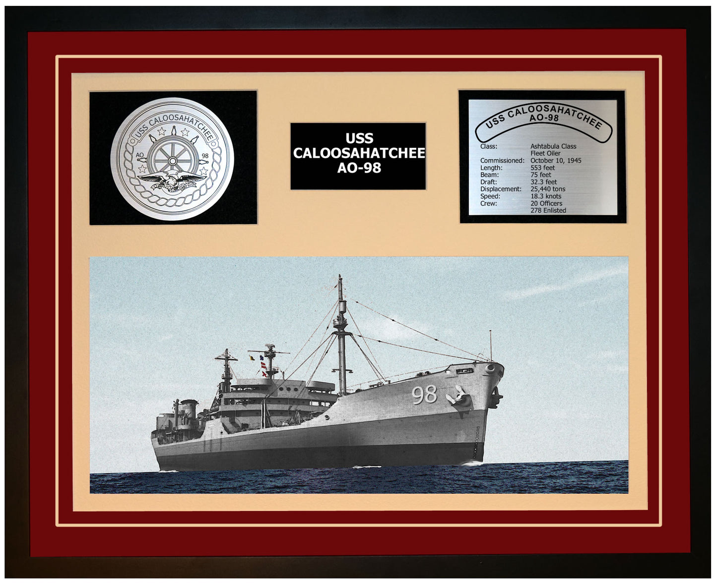 USS CALOOSAHATCHEE AO-98 Framed Navy Ship Display Burgundy